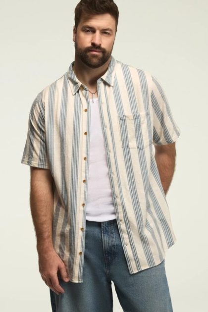 BIG AND TALL LINEN SHORT SLEEVE OMBRE STRIPE SHIRT, BLUE MULTI