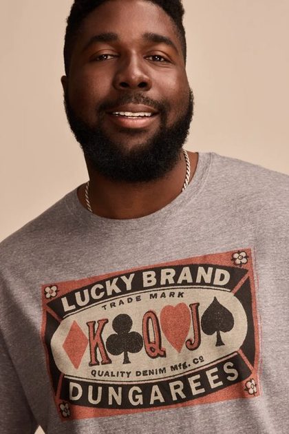 BIG & TALL LUCKY POKER LABEL TEE, MEDIUM HEATHER GREY