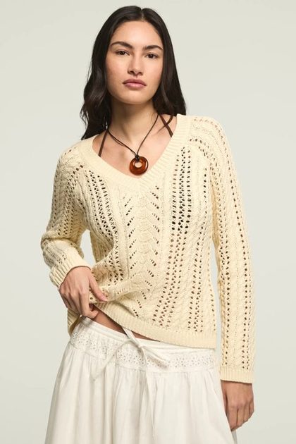 OPEN CABLE V NECK SWEATER, LEMON ICING