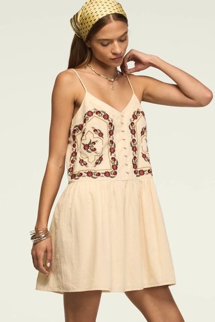 CONTRAST EMBROIDERED BUTTON FRONT MINI DRESS, GARDENIA