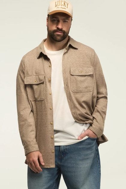 BIG AND TALL DOUBLE FACED SOFT PLAID KNIT SHIRT, TAUPE HEATHER