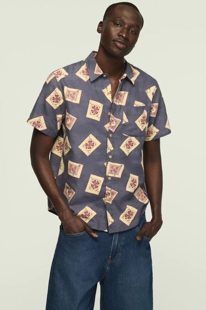 SHORT SLEEVE PRINTED CAMP COLLAR SHIRT, BLUE MULTI