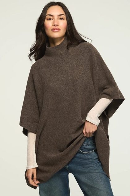 MOCK NECK PONCHO SWEATER, HOT FUDGE HTR