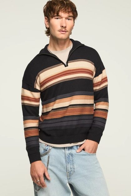 1/4 ZIP OMBRE STRIPE MOCK NECK SWEATER, JET BLACK