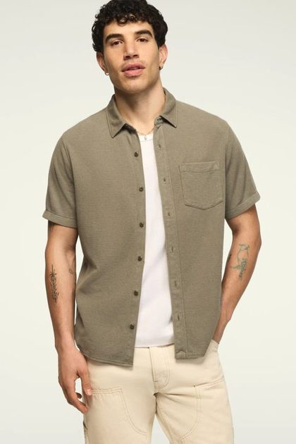 TEXTURED BUTTON THRU KNIT SHIRT, Dusty Olive