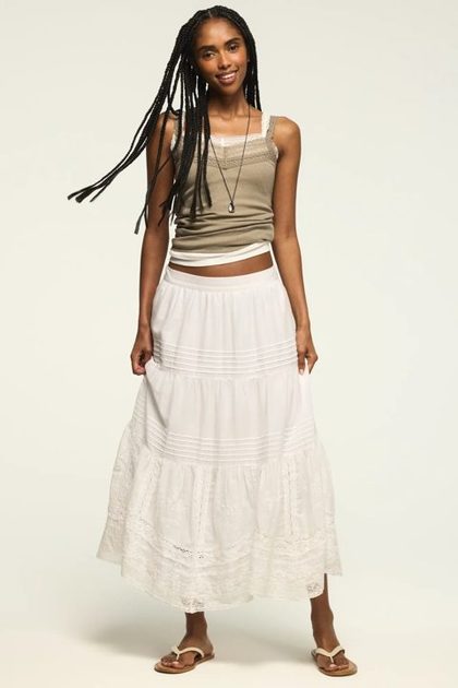 FESTIVAL LACE TRIM MIX MIDI SKIRT, WHISPER WHITE