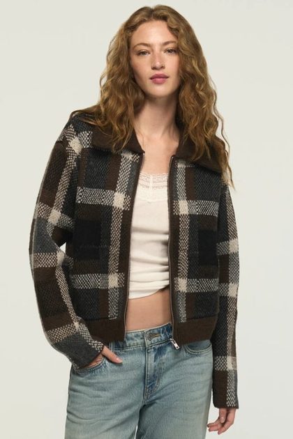 Plaid Bomber Sweater, Ombre Blue