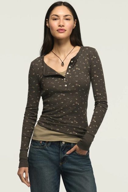 Long Sleeve Ribbed Henley, Black Floral