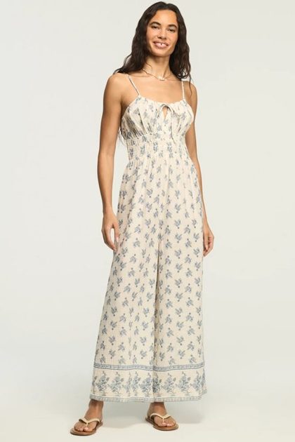 GAUZE SMOCKED WAIST JUMPSUIT, CREAM MULTI