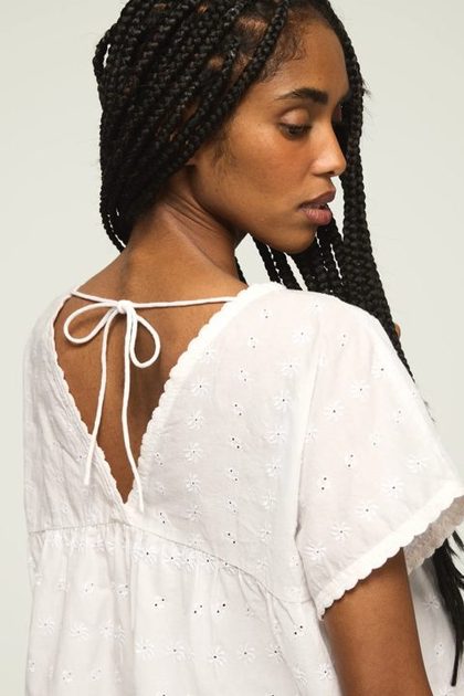 EYELET BABYDOLL TOP, BRIGHT WHITE