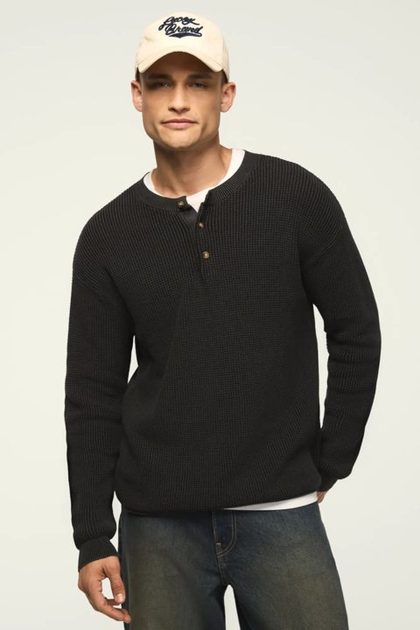 WASHED OTTOMAN HENLEY SWEATER, CAVIAR