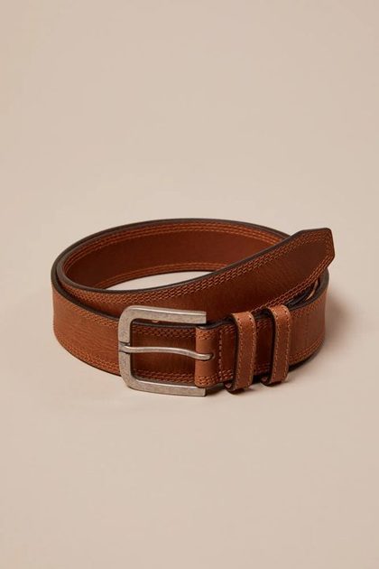 TRIPLE NEEDLE STITCH LEATHER BELT, MEDIUM BROWN