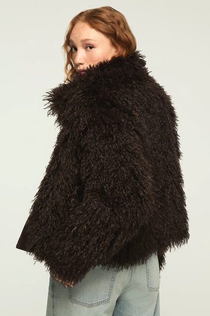 SHAGGY FAUX FUR COAT, BROWN