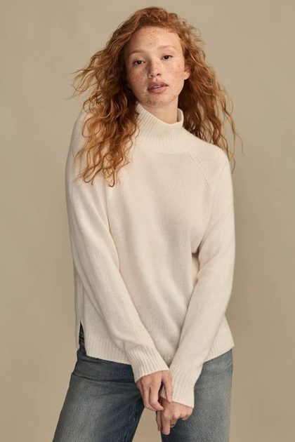 CASHMERE MOCK NECK SWEATER, ICE WHITE