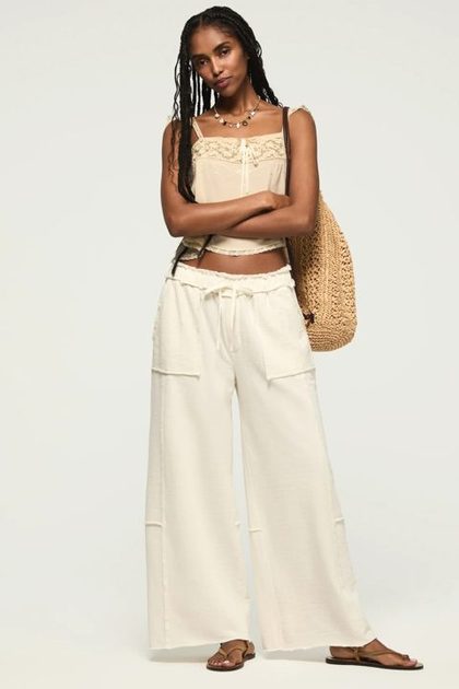 FLEECE WIDE LEG PANT, OAT MILK