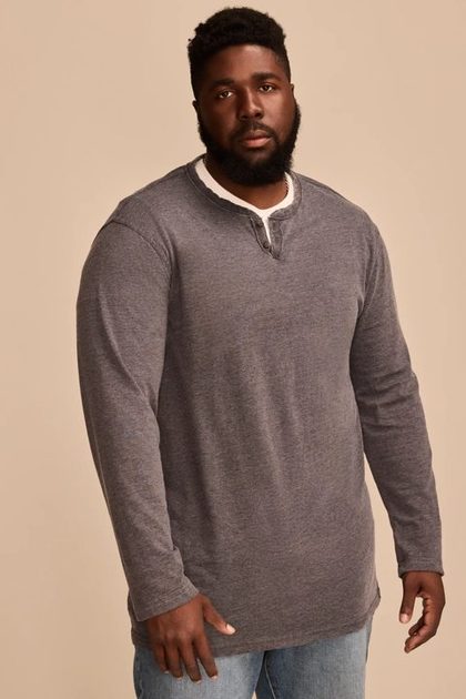 BIG & TALL VENICE BURNOUT LONG SLEEVE NOTCH NECK SHIRT, JET BLACK