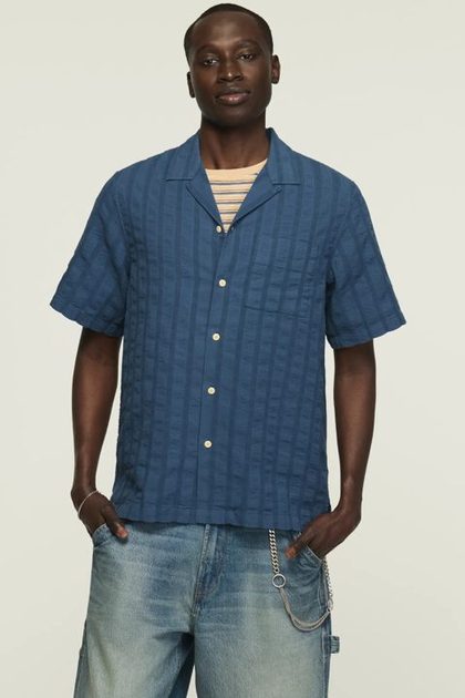 SEERSUCKER CAMP COLLAR SHIRT, INSIGNIA BLUE