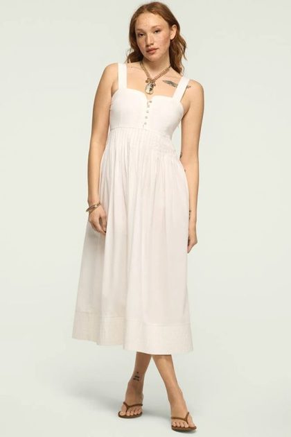 POPLIN PINTUCK MAXI DRESS, BRIGHT WHITE