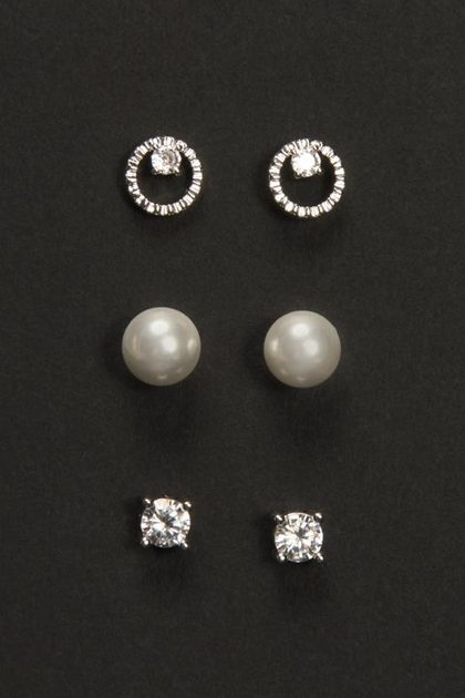 Round Cut Crystal and Pearl Stud Set, SILVER