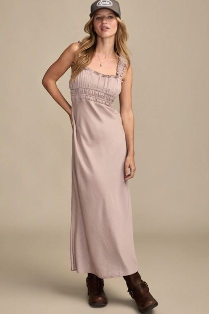 RUCHED BODICE SLIP MIDI DRESS, SPHINX