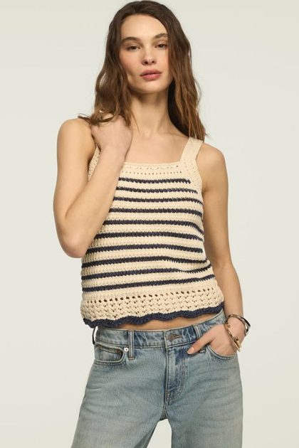 CROCHET STRIPED SWEATER TANK, CADET NAVY