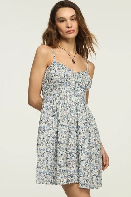 CINCHED WAIST MINI DRESS, BLUE FLORAL