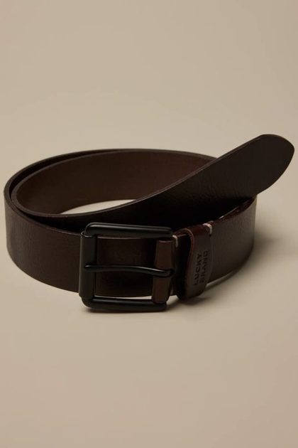 ROLLER BUCKLE LEATHER BELT, DARK BROWN
