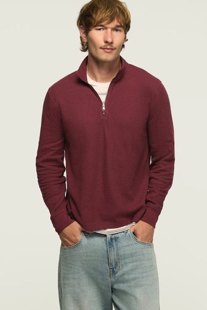 1/4 ZIP TEXTURED PULLOVER, BURGUNDY