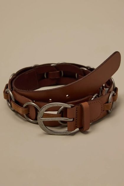 JUMP RING AND LEATHER CHAIN BELT, MEDIUM BROWN