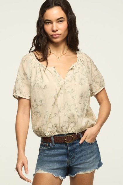 SHORT SLEEVE BUBBLE TOP, Green Floral