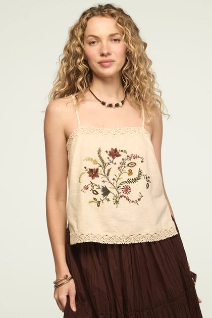 FLORAL CONTRAST EMBROIDERED TANK, CREAM