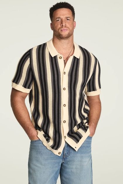 BIG AND TALL STRIPE BUTTON THROUGH SWEATER, WHITECAP GRAY