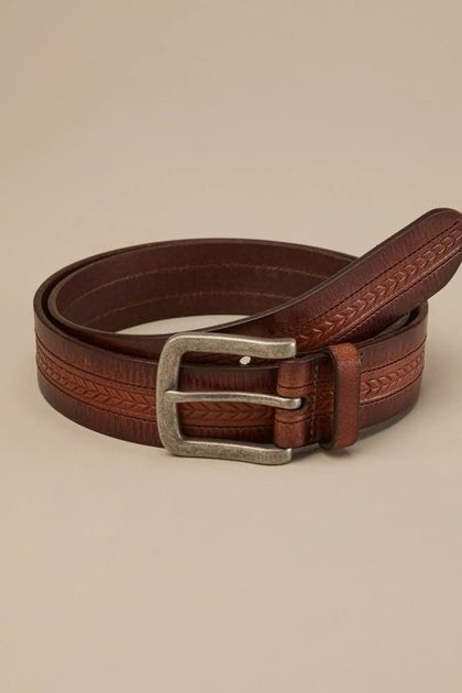 LEATHER CHEVRON BELT, DARK BROWN