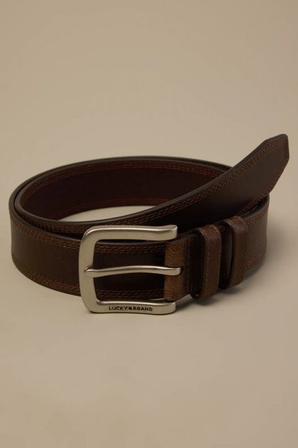 Triple Needle Stitch Leather Belt, BROWN