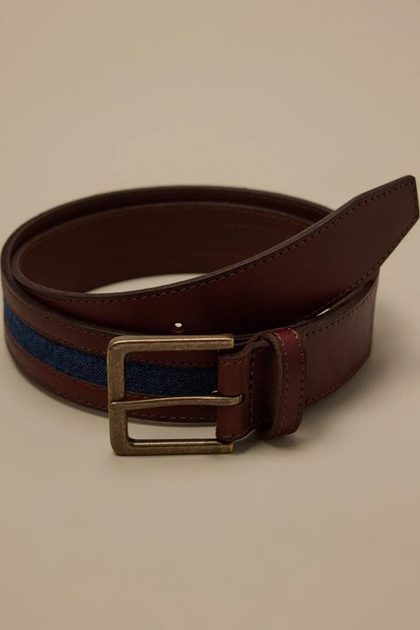 DENIM INLAY LEATHER BELT, DARK BROWN