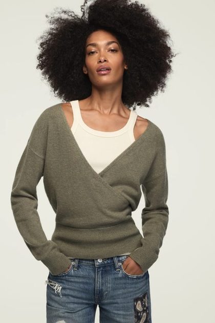 CLOUD SOFT SURPLICE SWEATER, SEA SPRAY HTR