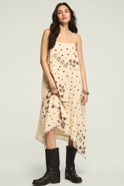 CONTRAST EMBROIDERED MIX MIDI, GARDENIA