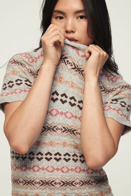 FAIR ISLE SWEATER TEE, LIGHT HEATHER GRAY