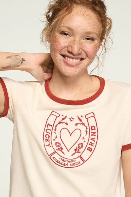 LUCKY BRAND HORSESHOE RINGER TEE, GARDENIA