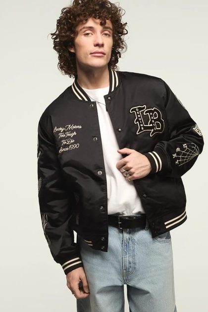 LUCKY SATIN VARSITY JACKET, JET BLACK