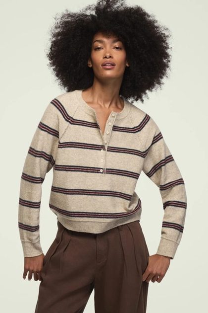 CLOUD SOFT STRIPED HENLEY SWEATER, FADED OATMEAL HTR