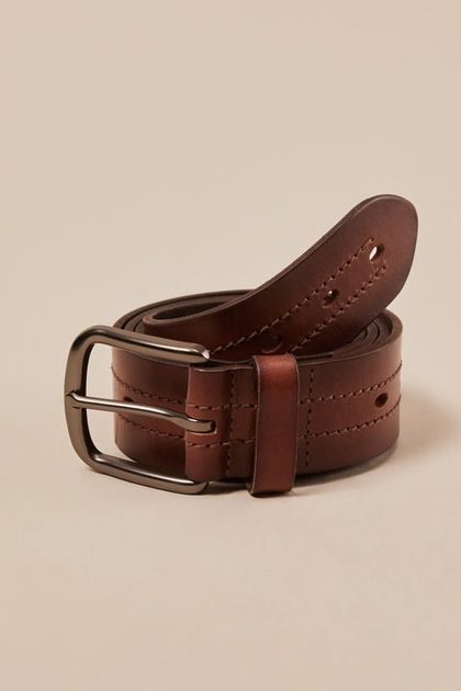 DOUBLE STITCH LEATHER BELT, BROWN