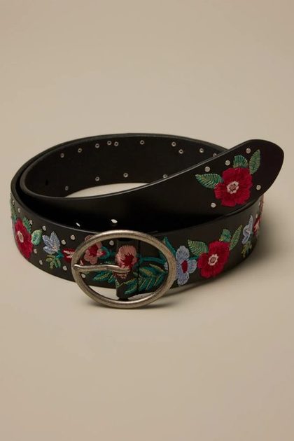 STUD FLORAL EMBROIDERED BELT, BLACK