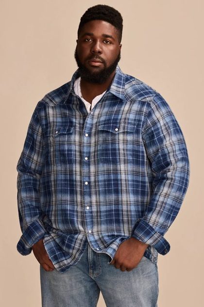 BIG & TALL INDIGO PLAID WESTERN LONG SLEEVE SHIRT, DARK INDIGO