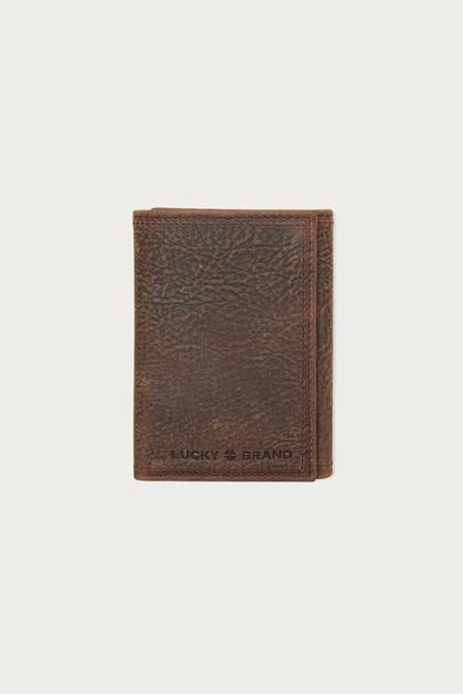Double Stitched Leather Trifold Wallet, DARK BROWN