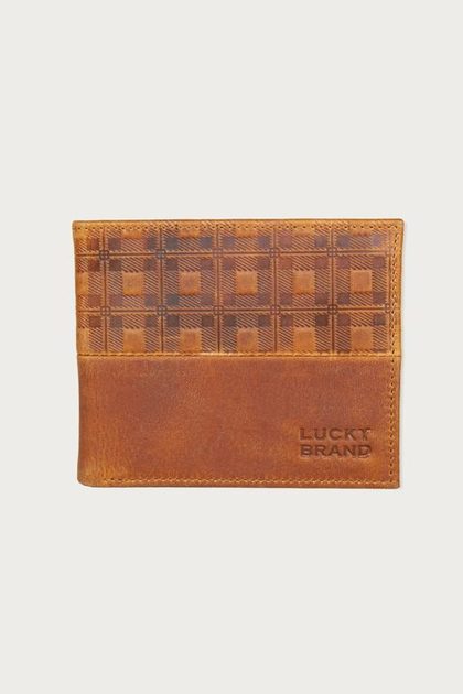 PLAID EMBOSSED LEATHER BIFOLD WALLET, DARK BROWN