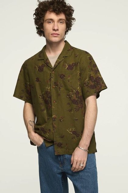 PRINTED SHORT SLEEVE CAMP COLLAR SHIRT, OLIVE PRINT