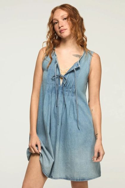 PLEATED DENIM MINI DRESS, NICE OUT WASH