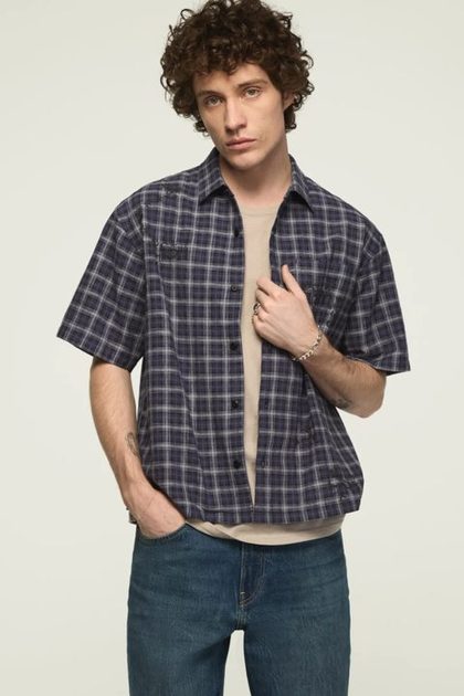 EMBROIDERED PLAID SHORT SLEEVE BOXY SHIRT, NAVY MULTI PLAID