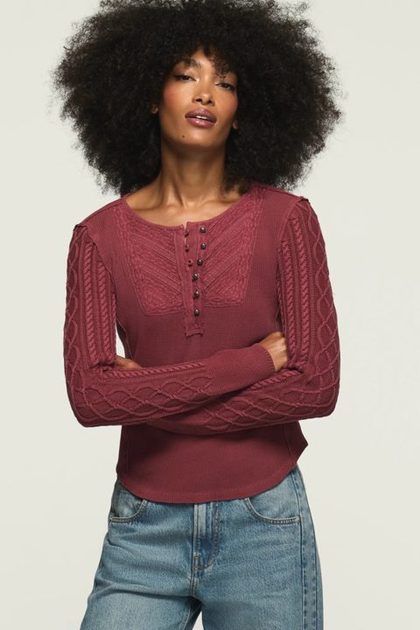 Pintuck Sweater Mix Henley, OXBLOOD RED